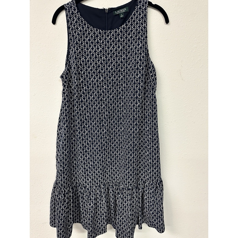 Lauren Ralph Lauren Women's Navy White Geometric Drop Waist A-Line Dress Size 8